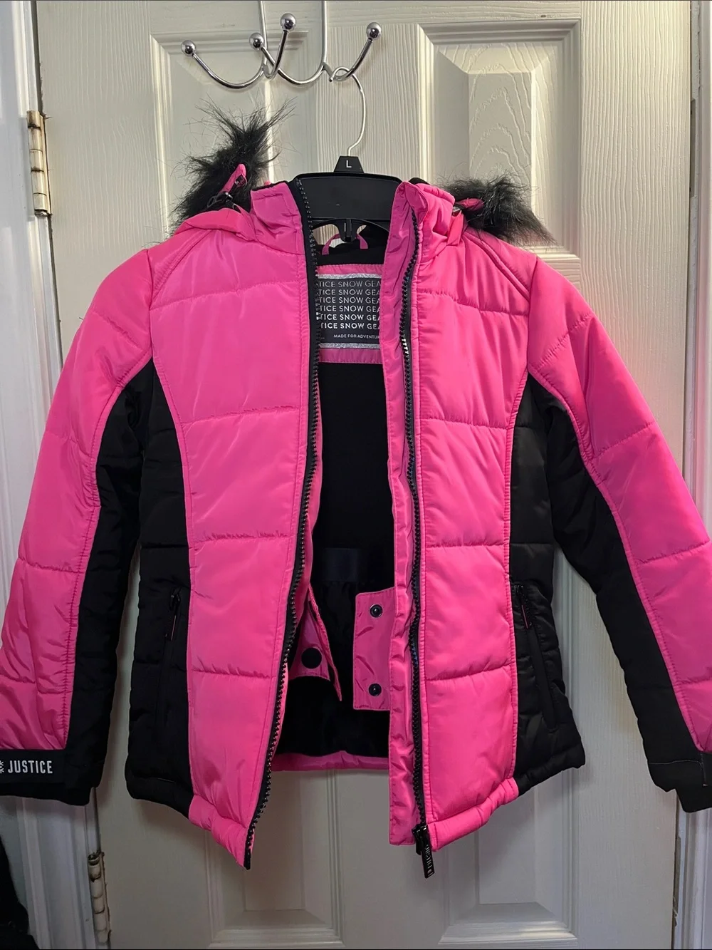 Justice Hot Pink and Black Girls' Puffer Jacket with Removable Faux Fur Trim
